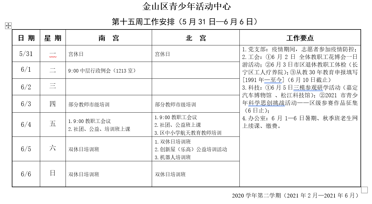 金山区青少年活动中心第十五周工作安排 5月31日 6月6日 金山区青少年活动中心第十五周工作安排 5月31日 6月6日