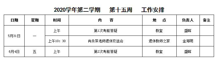 2020学年第二学期   第十五周   工作安排