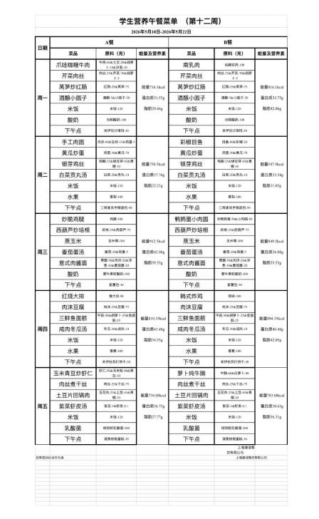 第12周学生营养午餐菜单