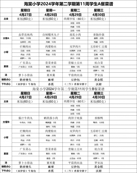 海棠小学2024学年第二学期第11周学生AB餐菜谱