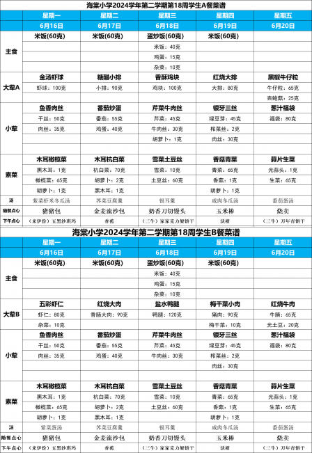 海棠小学2024学年第二学期第18周学生AB餐菜谱