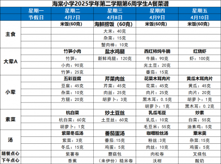 海棠小学2025学年第二学期第6周学生AB餐菜谱