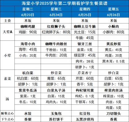 海棠小学2025学年第二学期学期末爱心看护菜单
